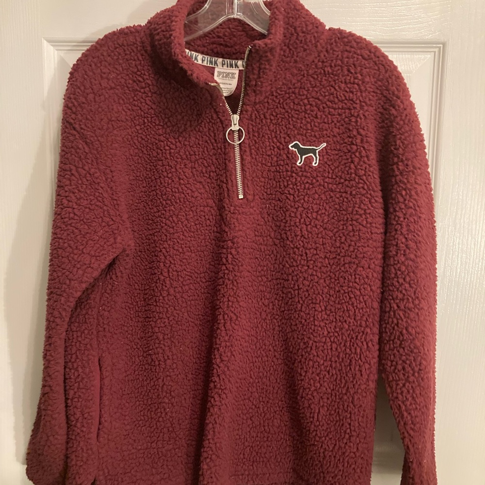 PINK Sherpa Quarter-Zip Pullover in Burgundy womens size small